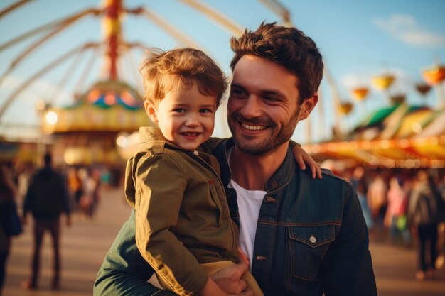 Un padre alegre sostiene a su sonriente hijo