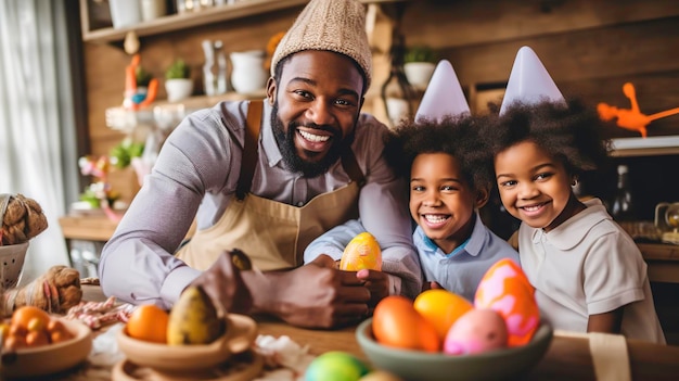 Un padre alegre trabaja con sus hijos en la decoración de huevos de Pascua en su estudio creativo