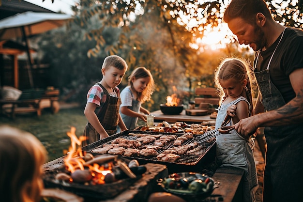 Un padre amoroso asando carne y verduras con sus hijos.