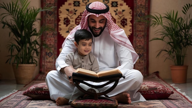 padre árabe musulmán y hijo leyendo el corán