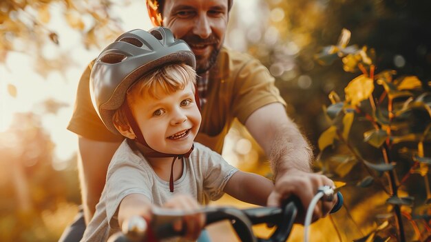 Padre ayuda a su hijo a montar en bicicleta