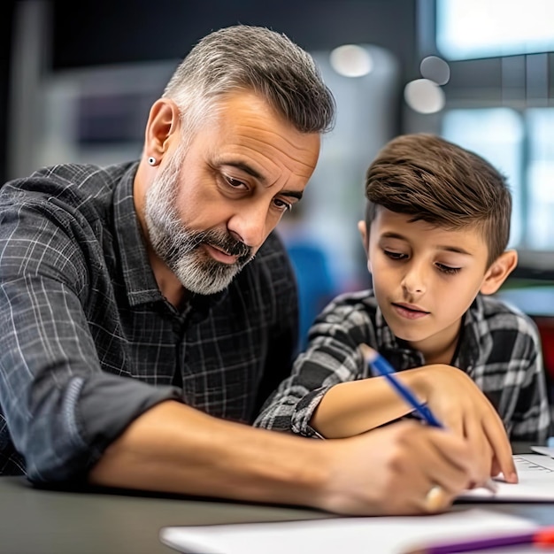 Padre ayudando a su hijo a hacer la tarea en casa