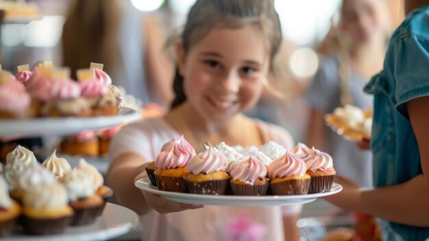 Un padre ayudando en una venta de pasteles de la escuela ofreciendo deliciosas golosinas a los estudiantes y familias