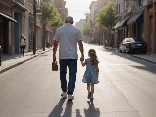 Un padre camina por la calle con su hija.