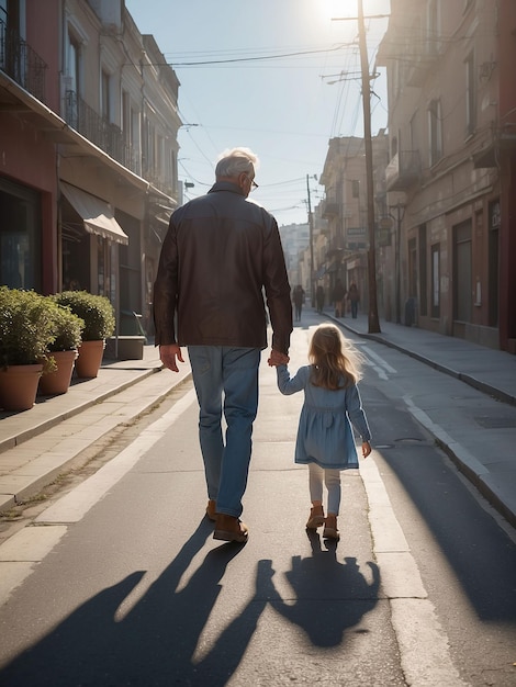 Un padre camina por la calle con su hija.