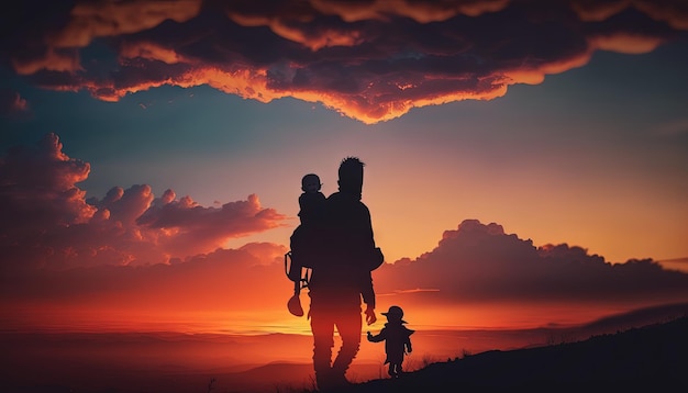 Padre cargando a su lindo bebé durante la IA generativa del atardecer