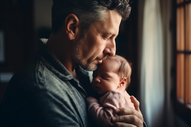 Padre caucásico de mediana edad besando a una niña recién nacida durmiendo Padre sosteniendo a un niño mecedor hija hijo en las manos Auténtico estilo de vida crianza paternidad Generativo ai