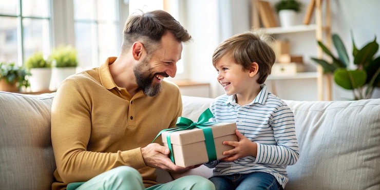 Foto un padre le da un regalo a su hijo en un sofá