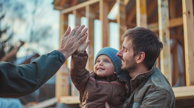Foto un padre dando cinco con su hijo divirtiéndose sonriendo en un telón de fondo al aire libre con ia generativa