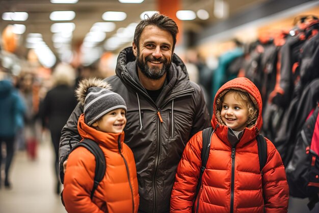 Padre y dos hijos niño caminando y mirando a su alrededor en la gran tienda de deportes muchas estanterías con deporte e