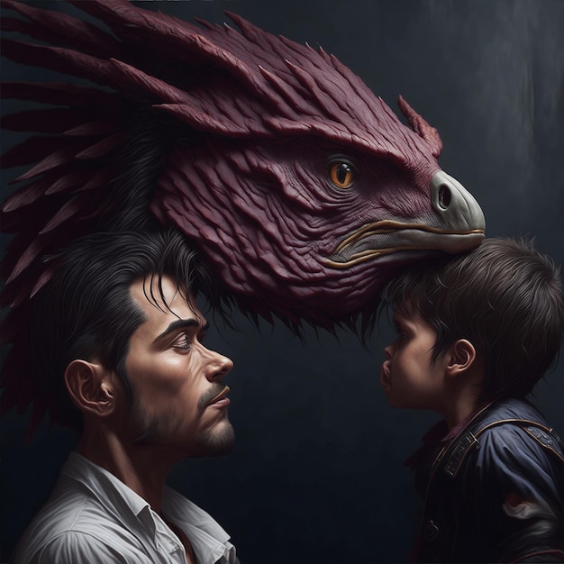 padre e filho de cabello ondulado agarrados pela mão viendo um velociraptor