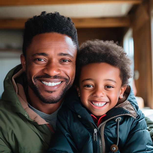 Foto padre e filho sonriendo mirando a camara generado por ia