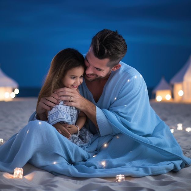 Padre e hija en un abrazo amoroso en la playa por la noche