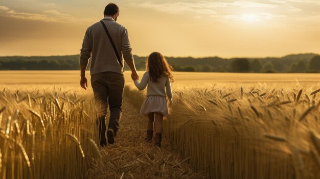 Padre e hija caminando de la mano en un campo de cebada