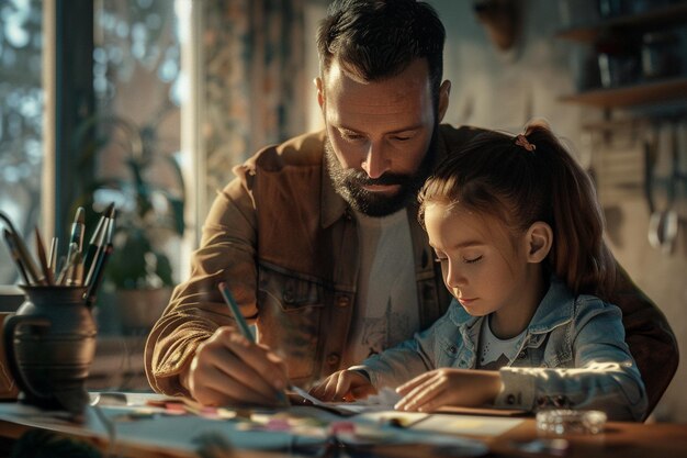 Foto padre e hija en una clase de fabricación de tarjetas