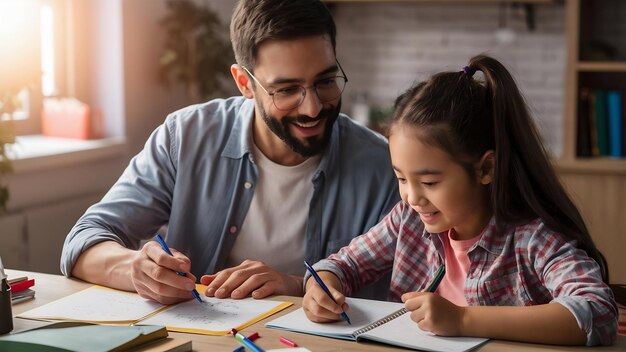 Foto padre e hija haciendo la tarea.