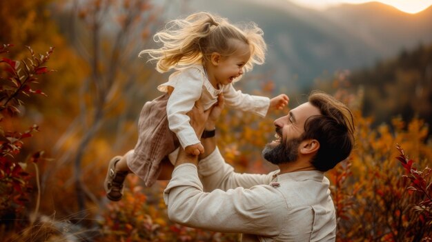 Padre e hija jugando en el bosque de otoño