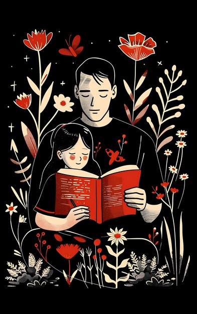 Foto padre e hija leyendo un libro juntos en un jardín natu cartelera cartelera diseño de camiseta