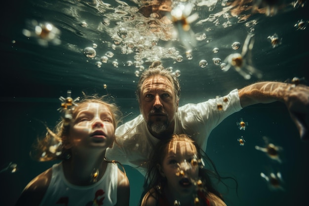 Padre e hija nadan bajo el agua en el mar El concepto de una familia feliz Padre e hijas nadan debajo del agua en la piscina Generado por IA