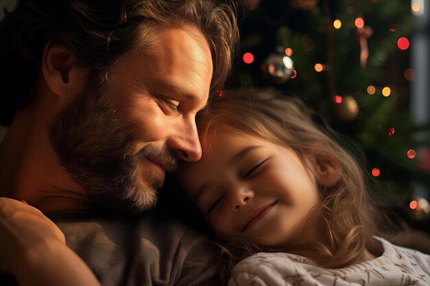 Foto padre e hija pasan la navidad felices sonriendo y decorando la casa