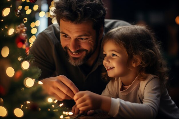 Foto padre e hija pasan la navidad felices sonriendo y decorando la casa