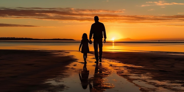 padre e hija en la playa al atardecer