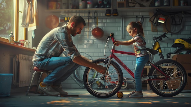 Foto padre e hija reparando una bicicleta juntos en el garaje ambos están sonriendo y parecen estar disfrutando