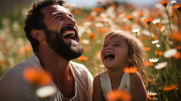 Padre e hija riendo en un campo de flores