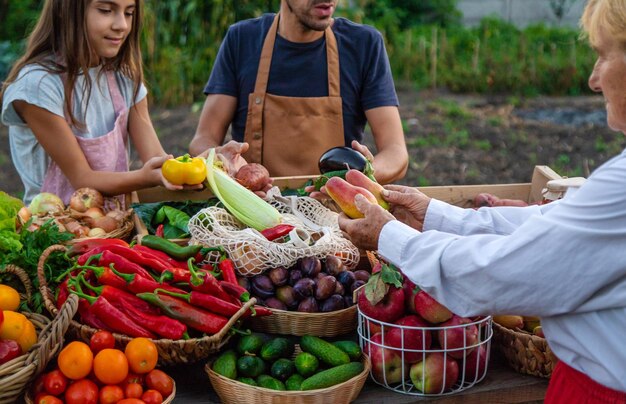 Foto padre e hija venden verduras y frutas en el mercado de agricultores.