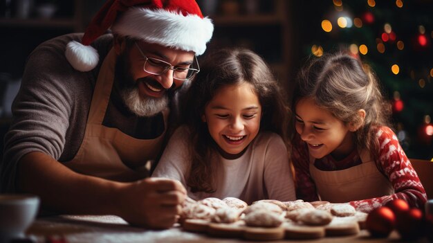 Padre e hijas horneando galletas navideñas juntos en una acogedora cocina