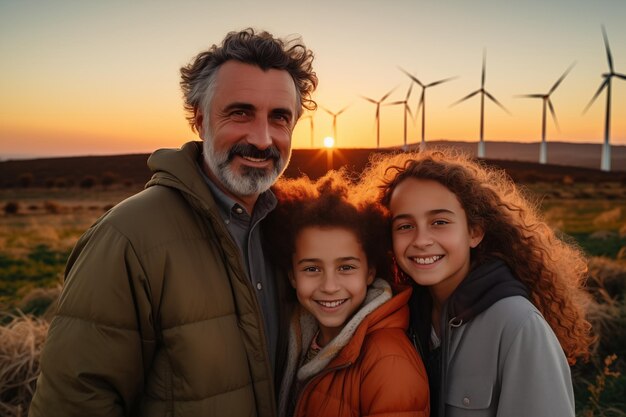 Foto padre e hijas de pie en la naturaleza con molinos de viento energía alternativa y energía sostenible