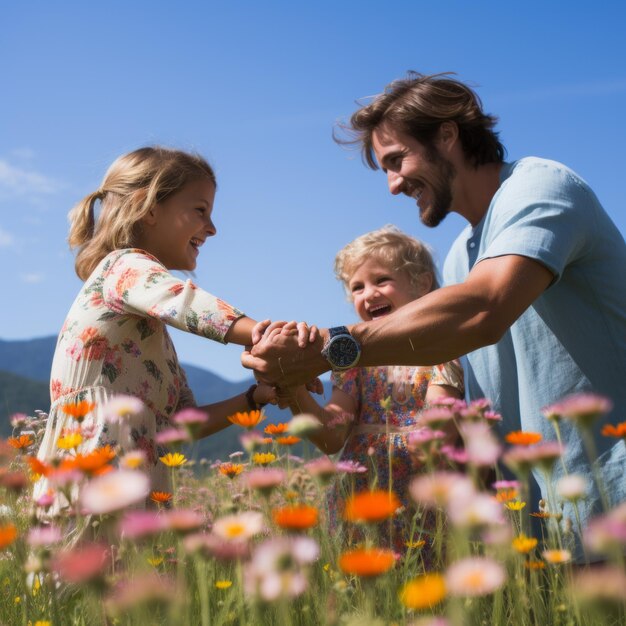 Padre e hijas riendo en un campo de flores