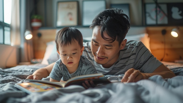 Foto padre e hijo acostados en la cama leyendo un libro