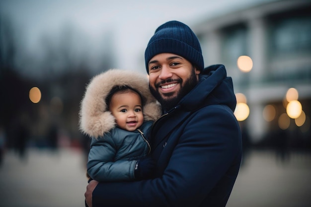 Padre e hijo afroamericanos charlando en la calle animando