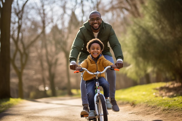 Padre e hijo andan en bicicleta en el parque Concepto del día del padre generativo ai