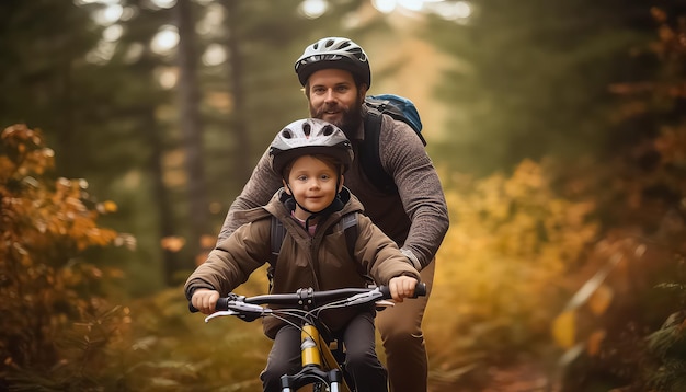 padre e hijo andando en bicicleta en el bosque