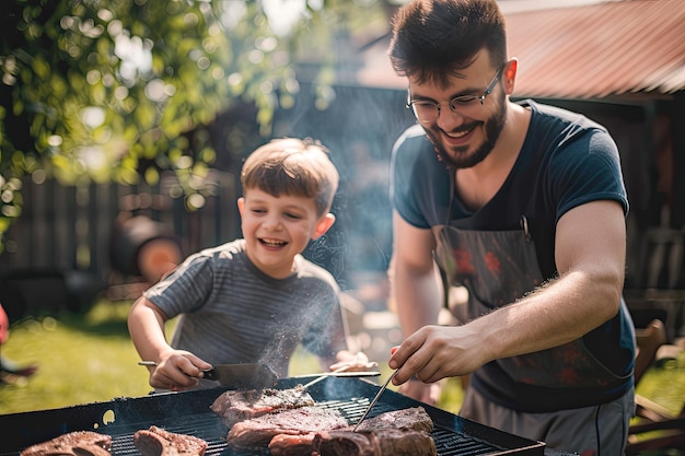 Padre e hijo asando filetes durante una barbacoa de verano