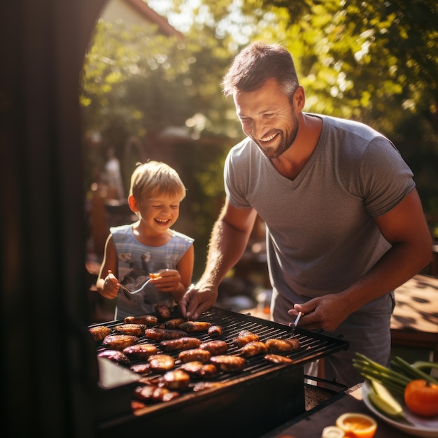 Padre e hijo asando hamburguesas en el patio trasero