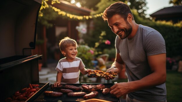 Foto padre e hijo asando hamburguesas en el patio trasero