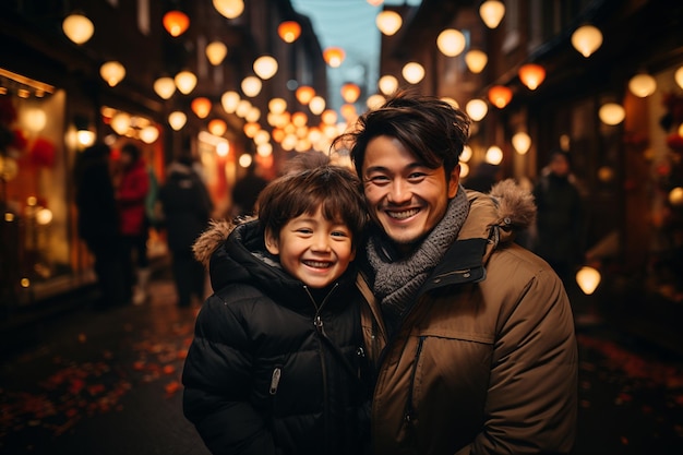 Padre e hijo asiáticos sonriendo y disfrutando del año nuevo chino en una calle llena de faroles rojos