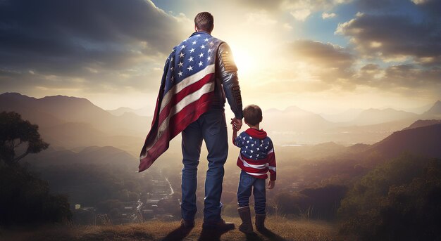 Padre e hijo con una bandera estadounidense