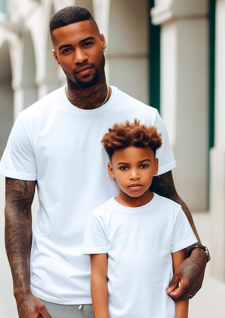 padre e hijo blancos vistiendo camisetas blancas a juego