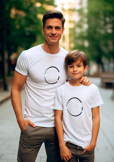 padre e hijo blancos vistiendo camisetas blancas a juego