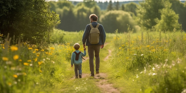 padre e hijo caminan en la naturaleza