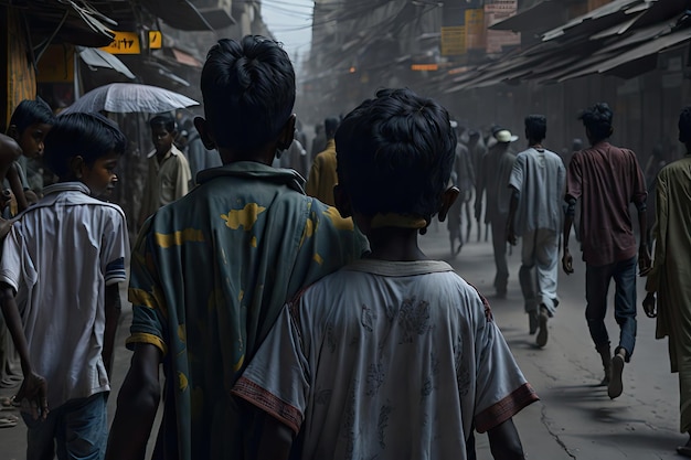 padre e hijo caminando por las concurridas calles de la India