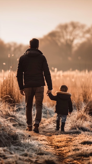 Padre e hijo caminando de la mano en un campo helado