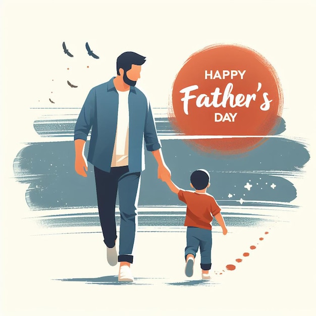 Padre e hijo caminando de la mano y celebrando el Feliz Día del Padre