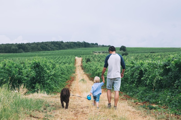 Padre e hijo caminando con perro en la naturaleza al aire libre Antecedentes familiares Papá y su hijo caminando por senderos entre campos y viñedos