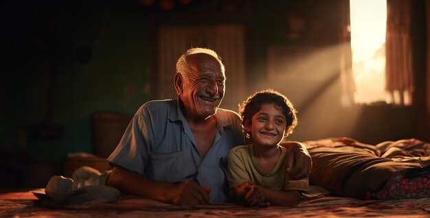 padre e hijo en casa padre e hijo anciano sonriendo frente al niño sentado en la habitación