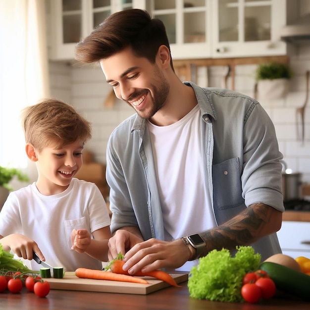 padre e hijo en la cocina preparando comida saludable saludable alimentación saludable dieta productos orgánicos estilo de vida saludable